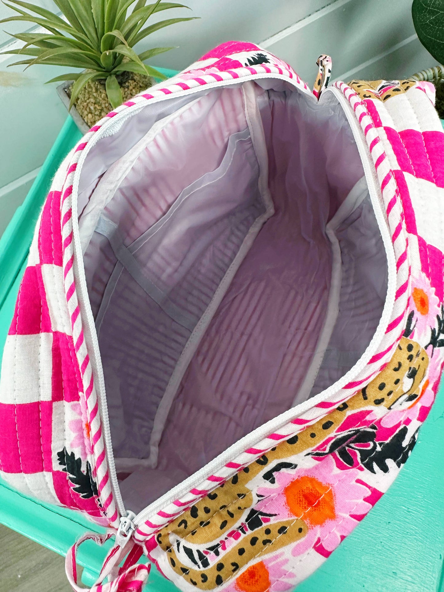 Ruffle Toiletry Bag | Quilted Cosmetics Bag | Pink Checkered