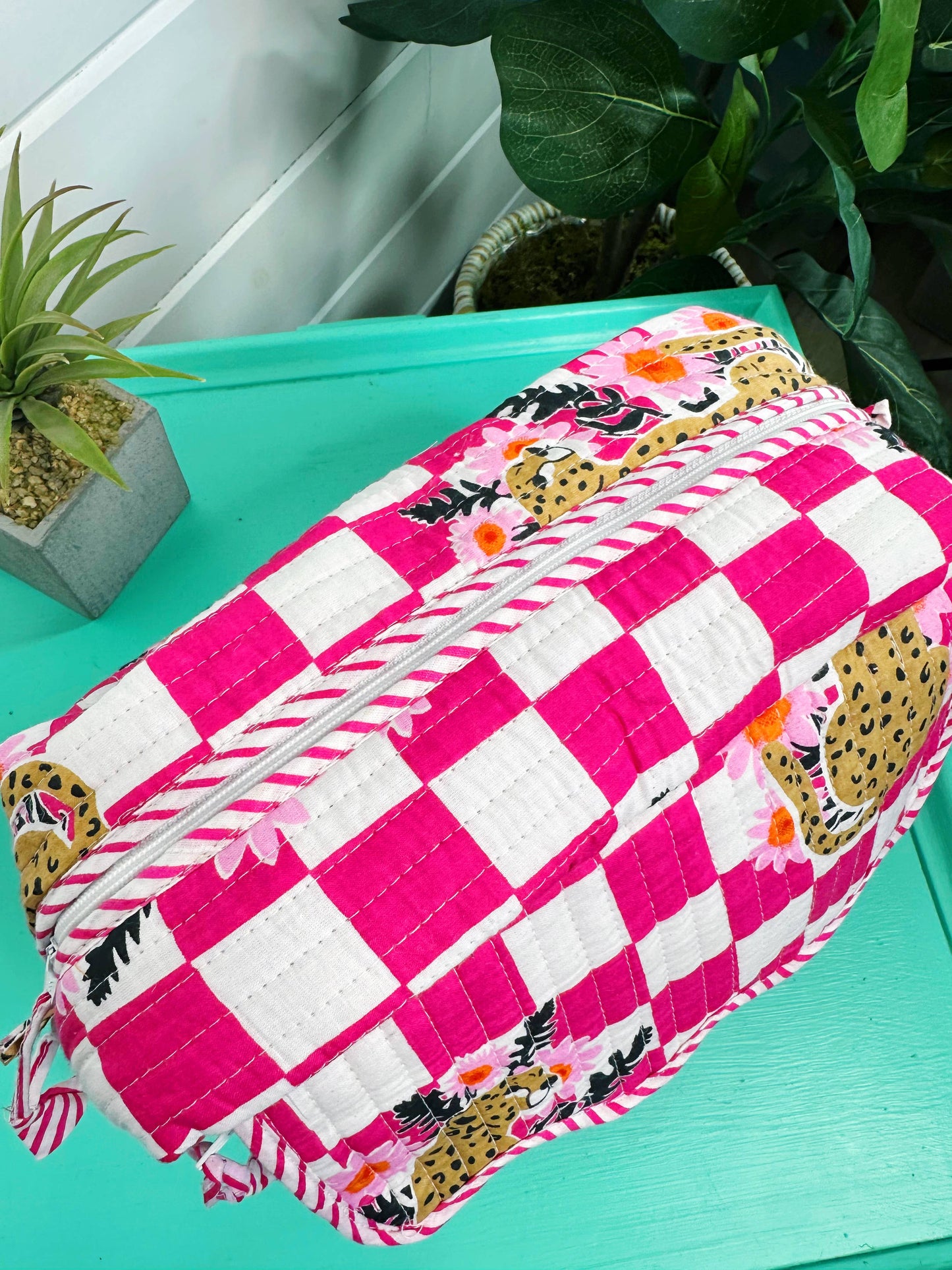 Ruffle Toiletry Bag | Quilted Cosmetics Bag | Pink Checkered