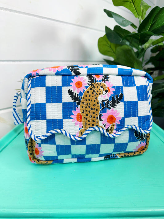 Ruffle Toiletry Bag | Quilted Cosmetics Bag | Blue Checkered