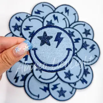 Blue Glitter Star Smiley Hat Patch