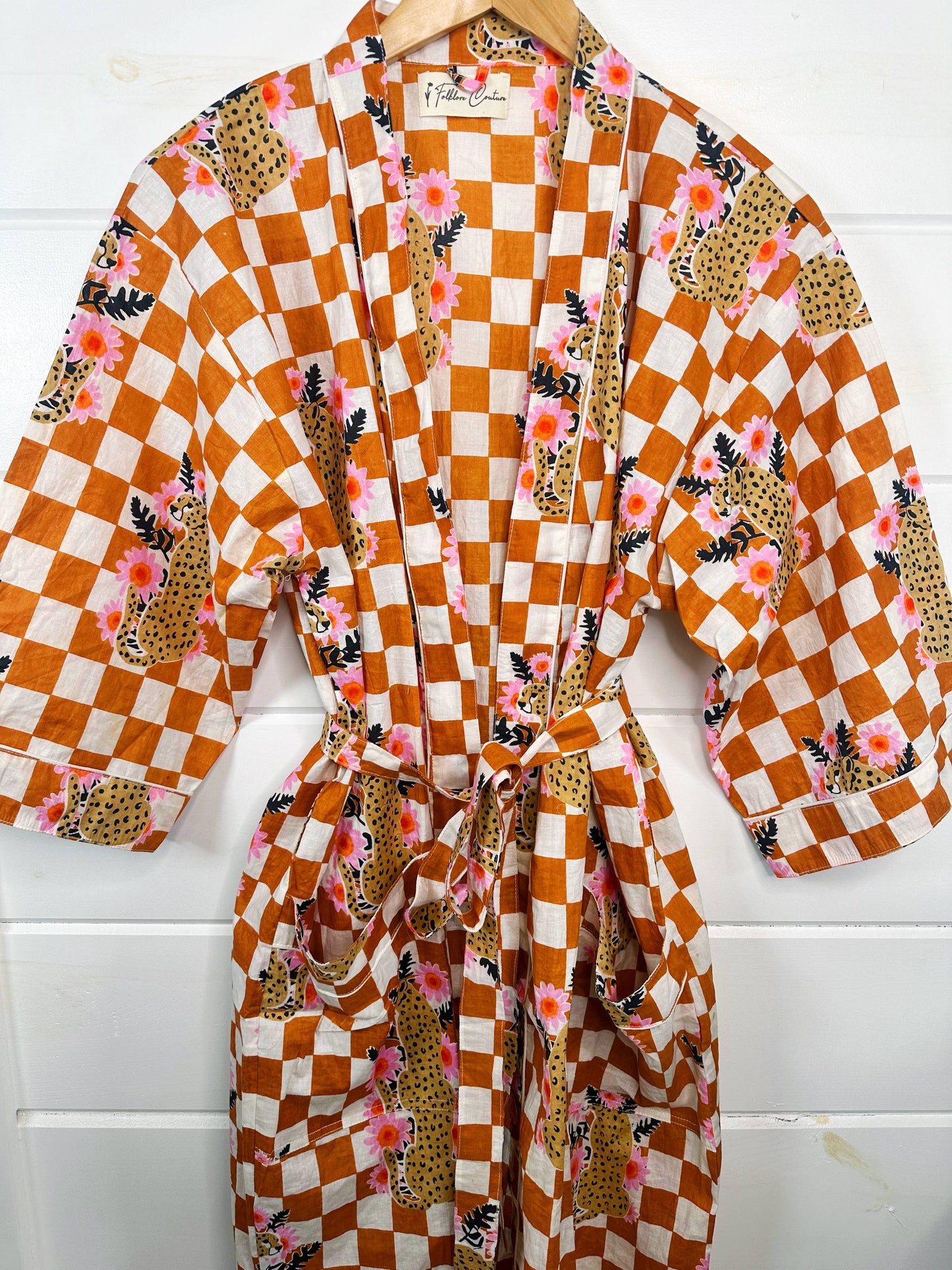 Gold Checkered Print Jaguar Kimono Robe