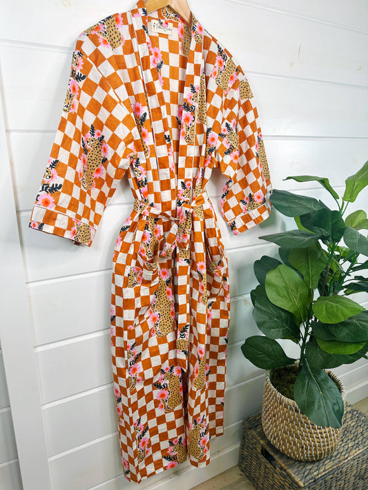 Gold Checkered Print Jaguar Kimono Robe