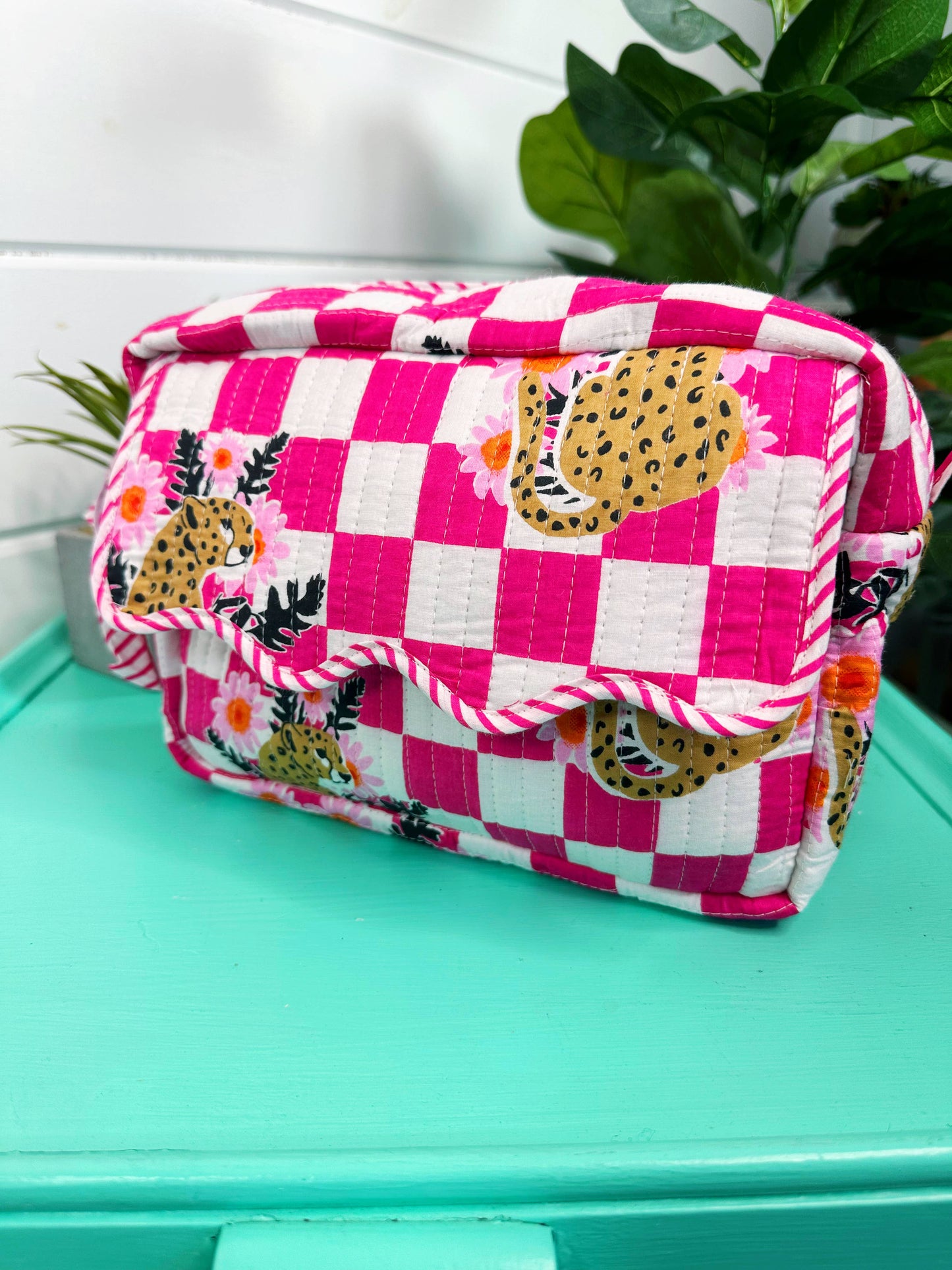 Ruffle Toiletry Bag | Quilted Cosmetics Bag | Pink Checkered