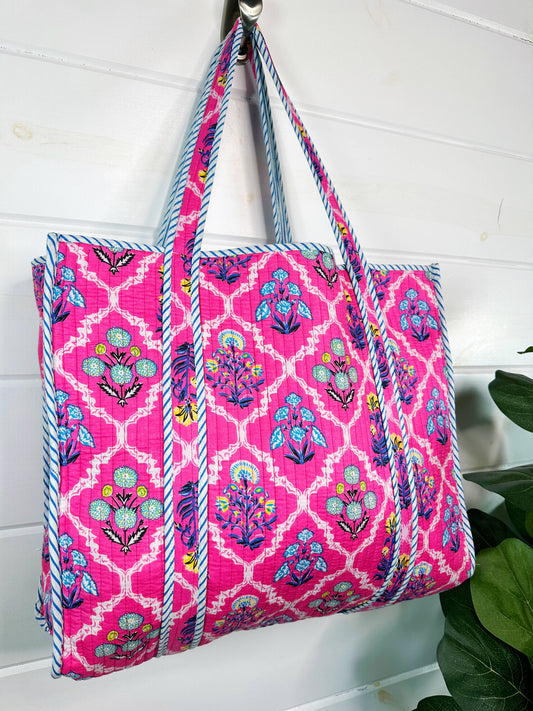 Quilted Travel Tote | Pink Wildflowers