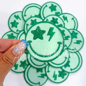 Green Glitter Star Smiley Hat Patch