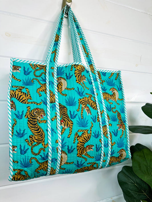 Aqua Blue Tiger Quilted Tote Bag