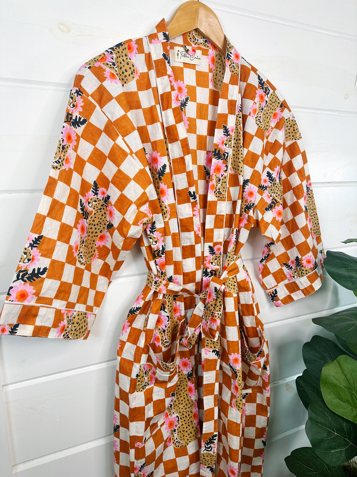 Gold Checkered Print Jaguar Kimono Robe