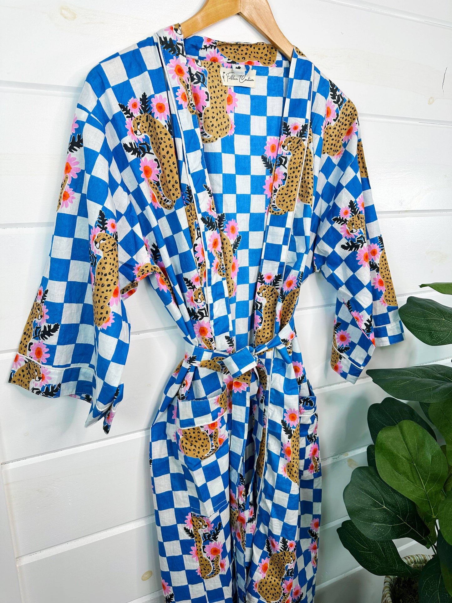 Blue Checkered Print Jaguar Kimono Robe