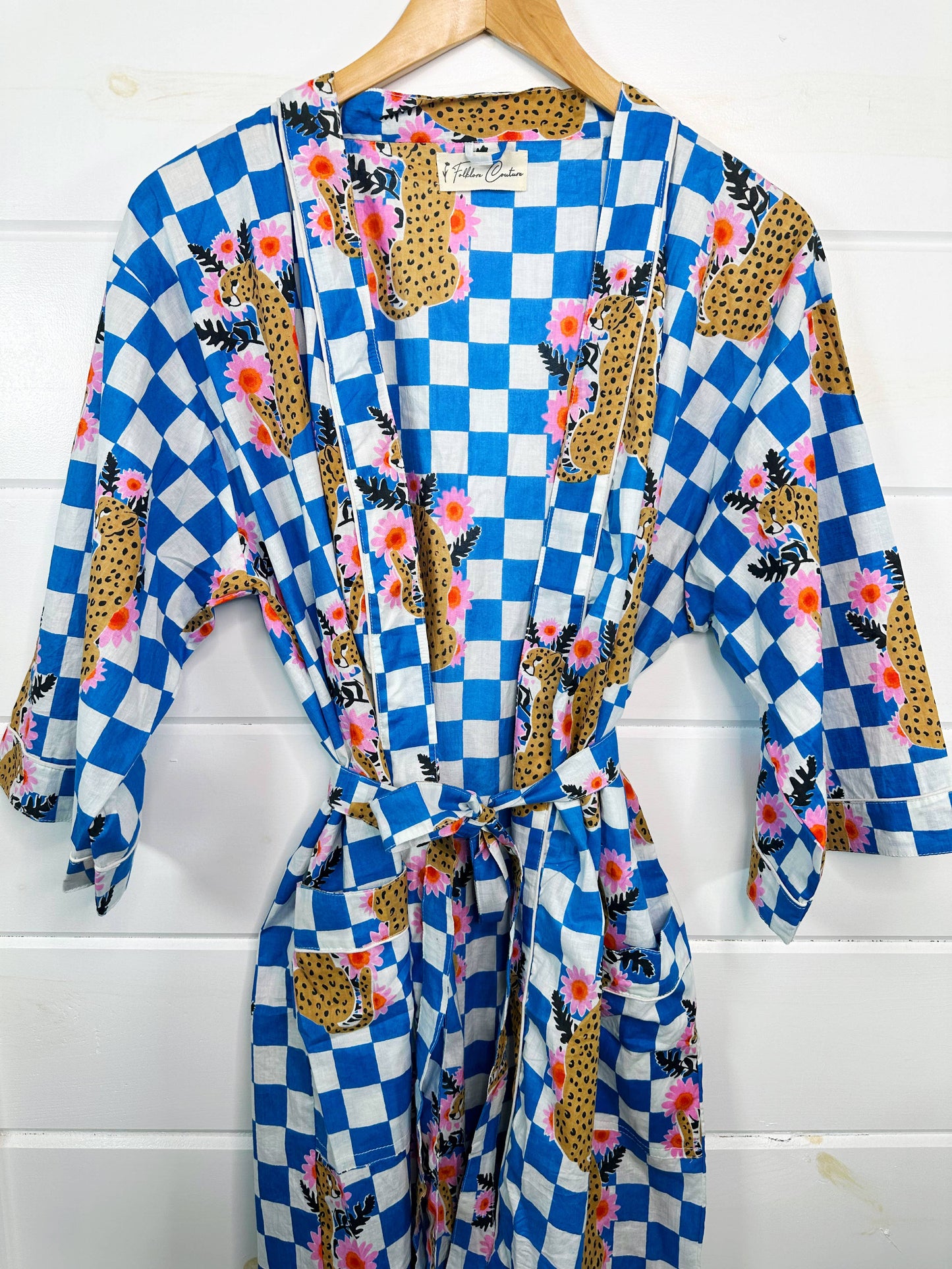 Blue Checkered Print Jaguar Kimono Robe