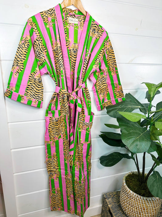 Tiger Print Kimono Robe | Pink and Green