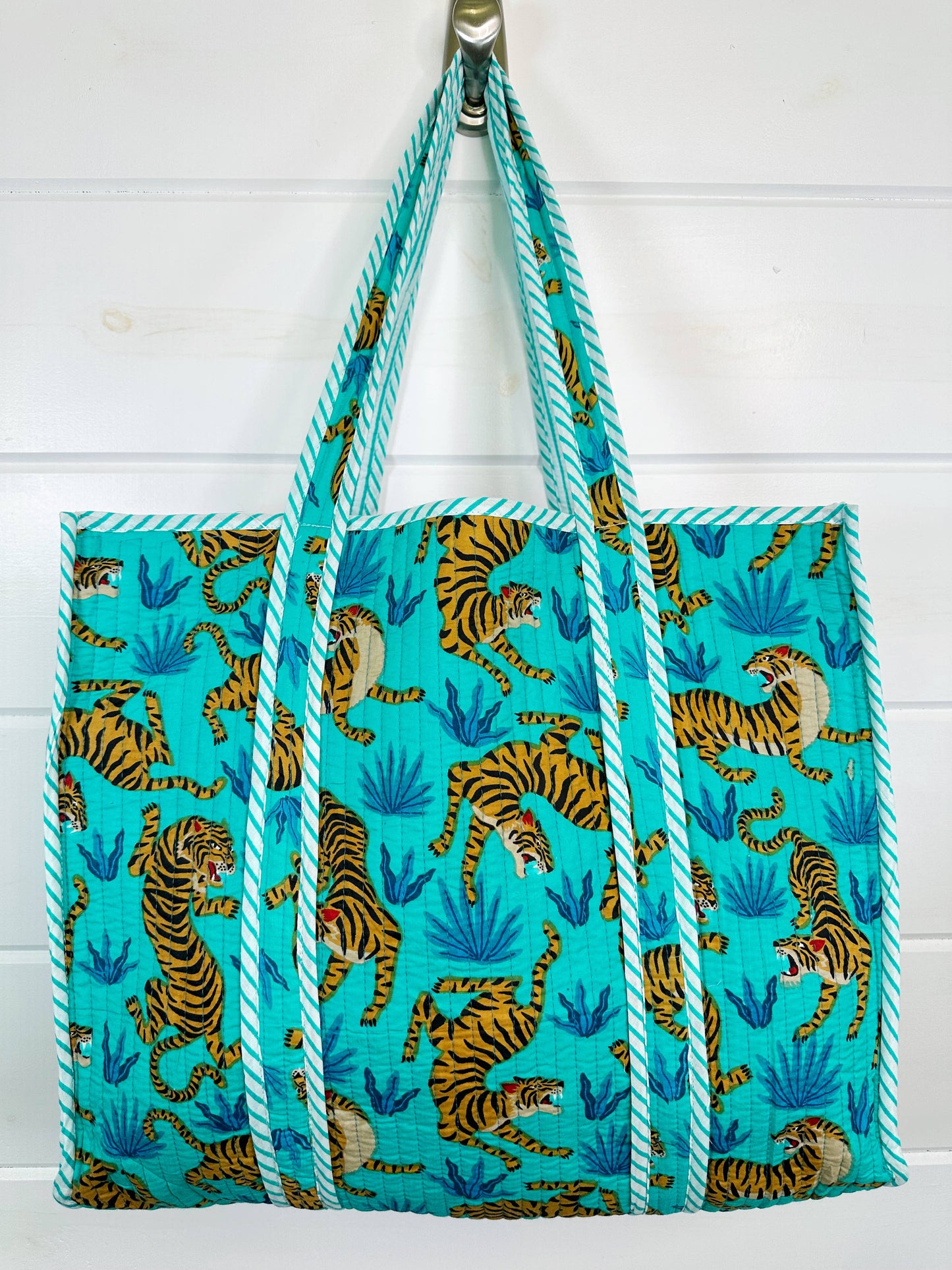 Aqua Blue Tiger Quilted Tote Bag