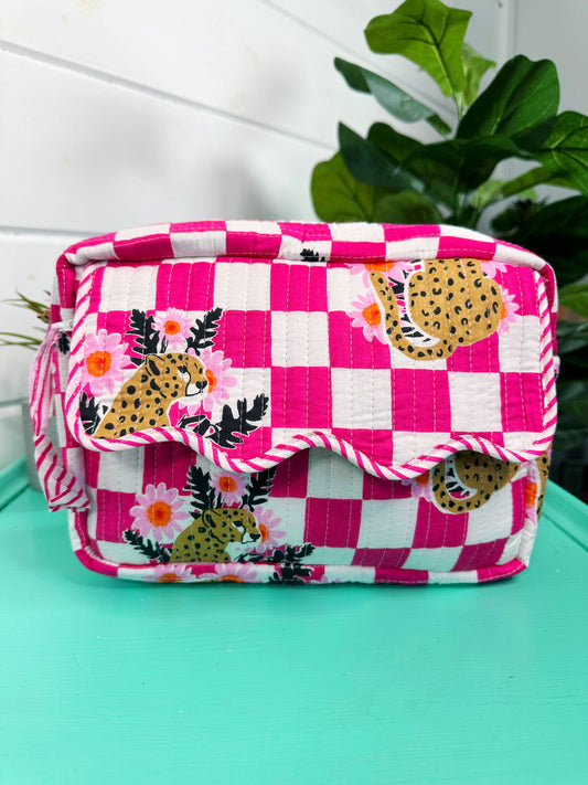 Ruffle Toiletry Bag | Quilted Cosmetics Bag | Pink Checkered