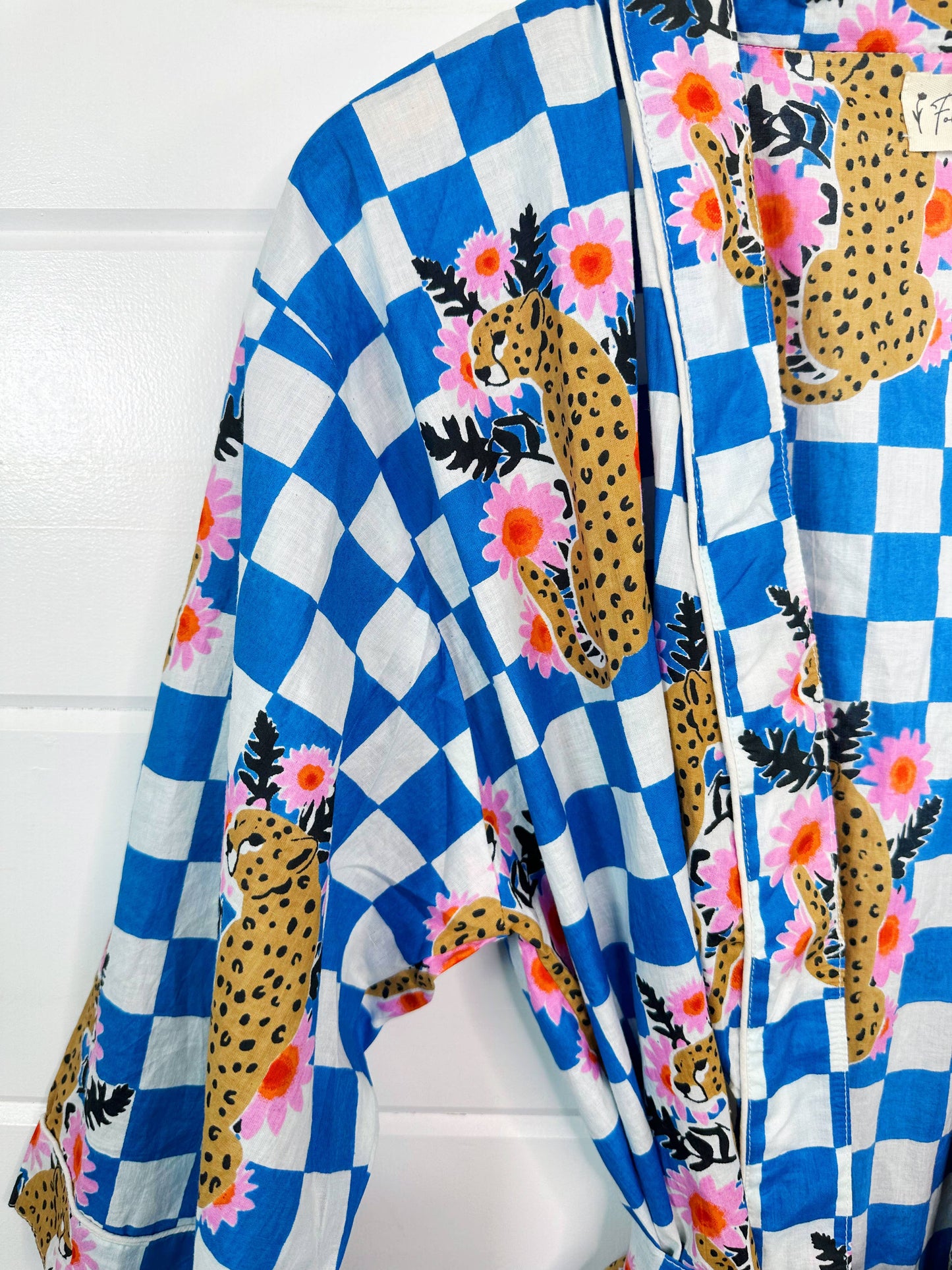 Blue Checkered Print Jaguar Kimono Robe