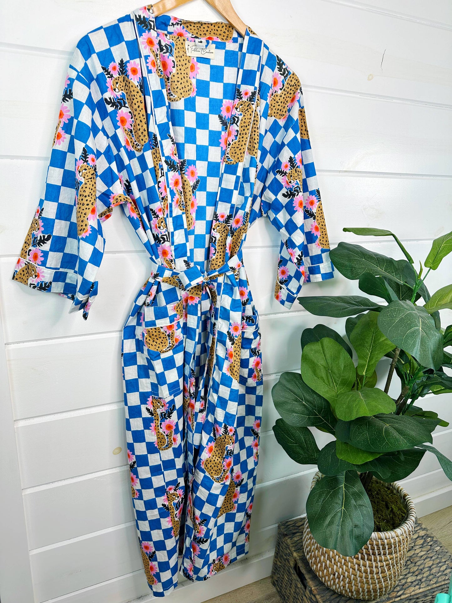 Blue Checkered Print Jaguar Kimono Robe