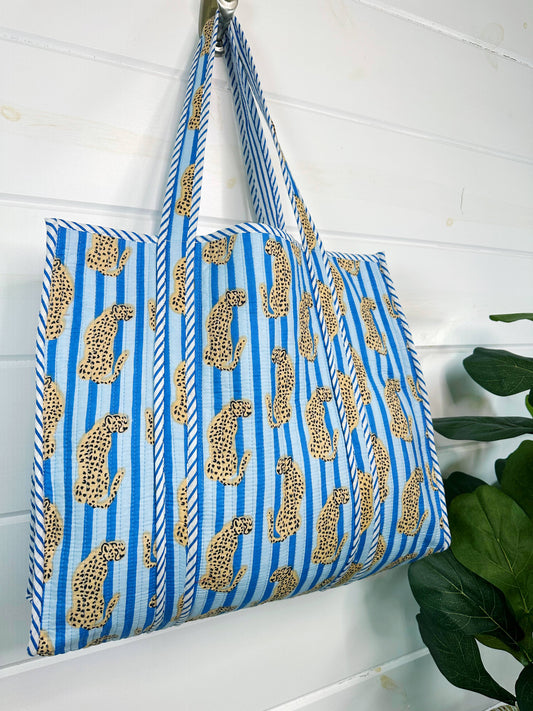 Blue Jaguar Quilted Tote Bag