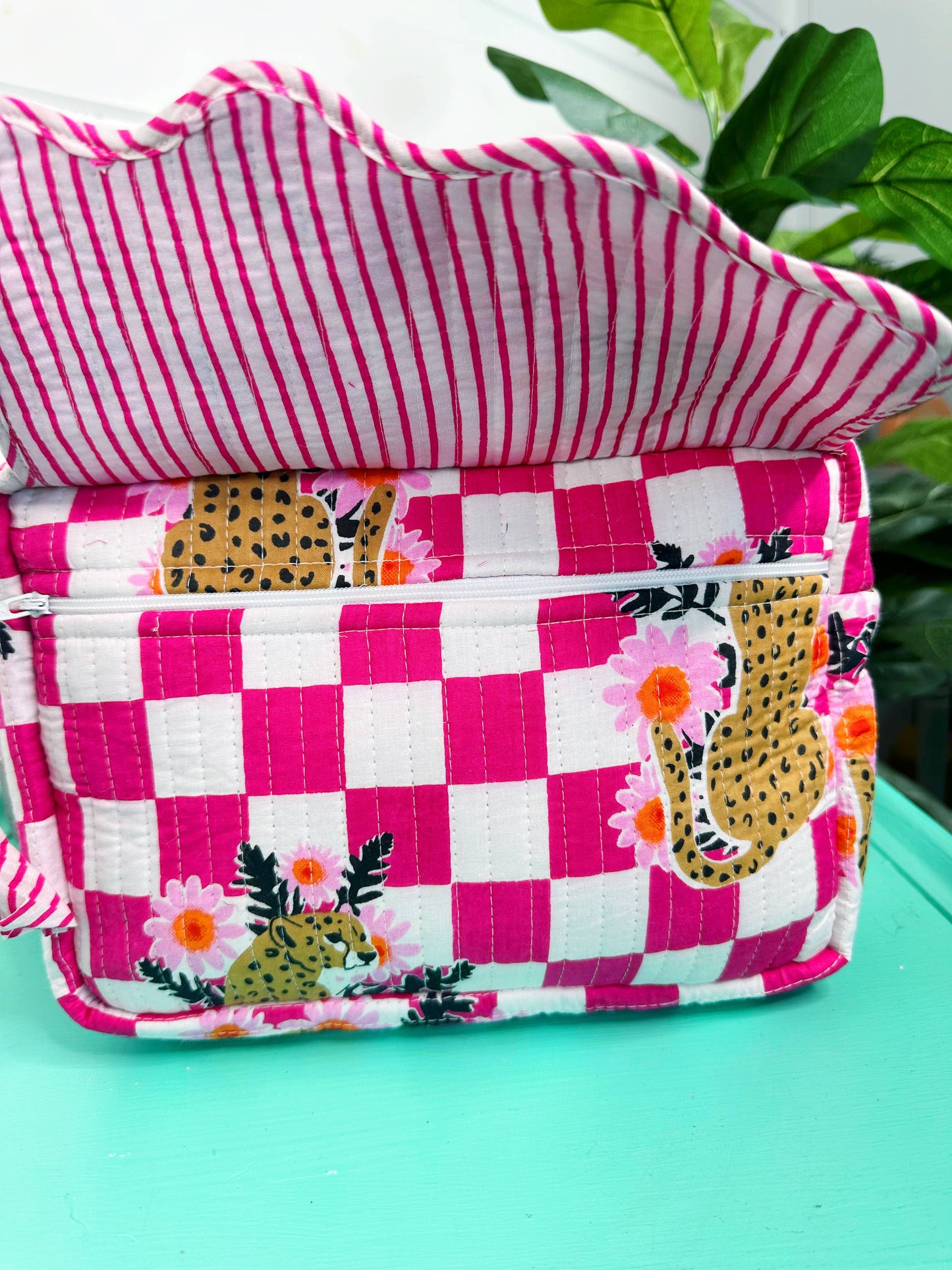 Ruffle Toiletry Bag | Quilted Cosmetics Bag | Pink Checkered