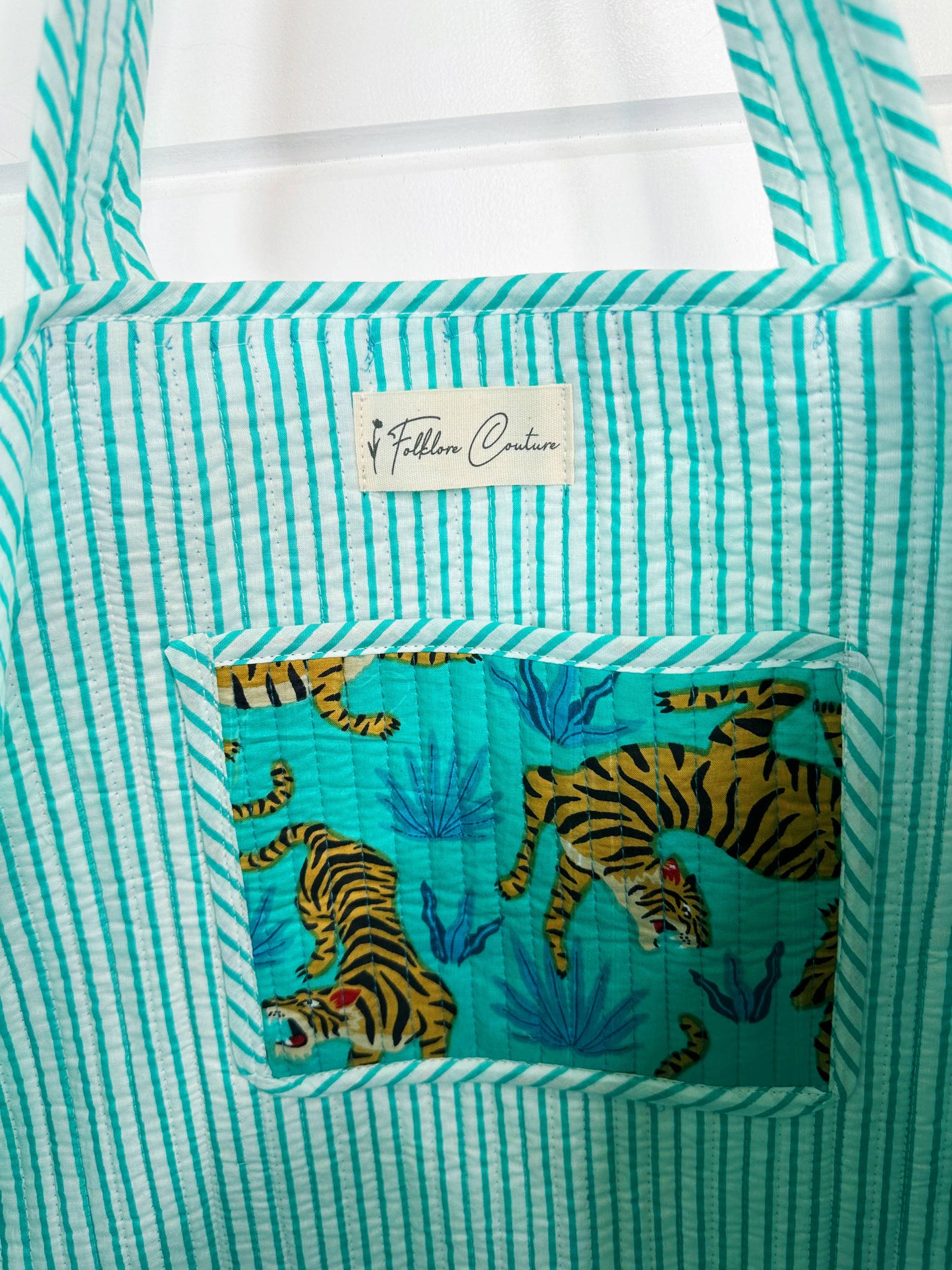 Aqua Blue Tiger Quilted Tote Bag